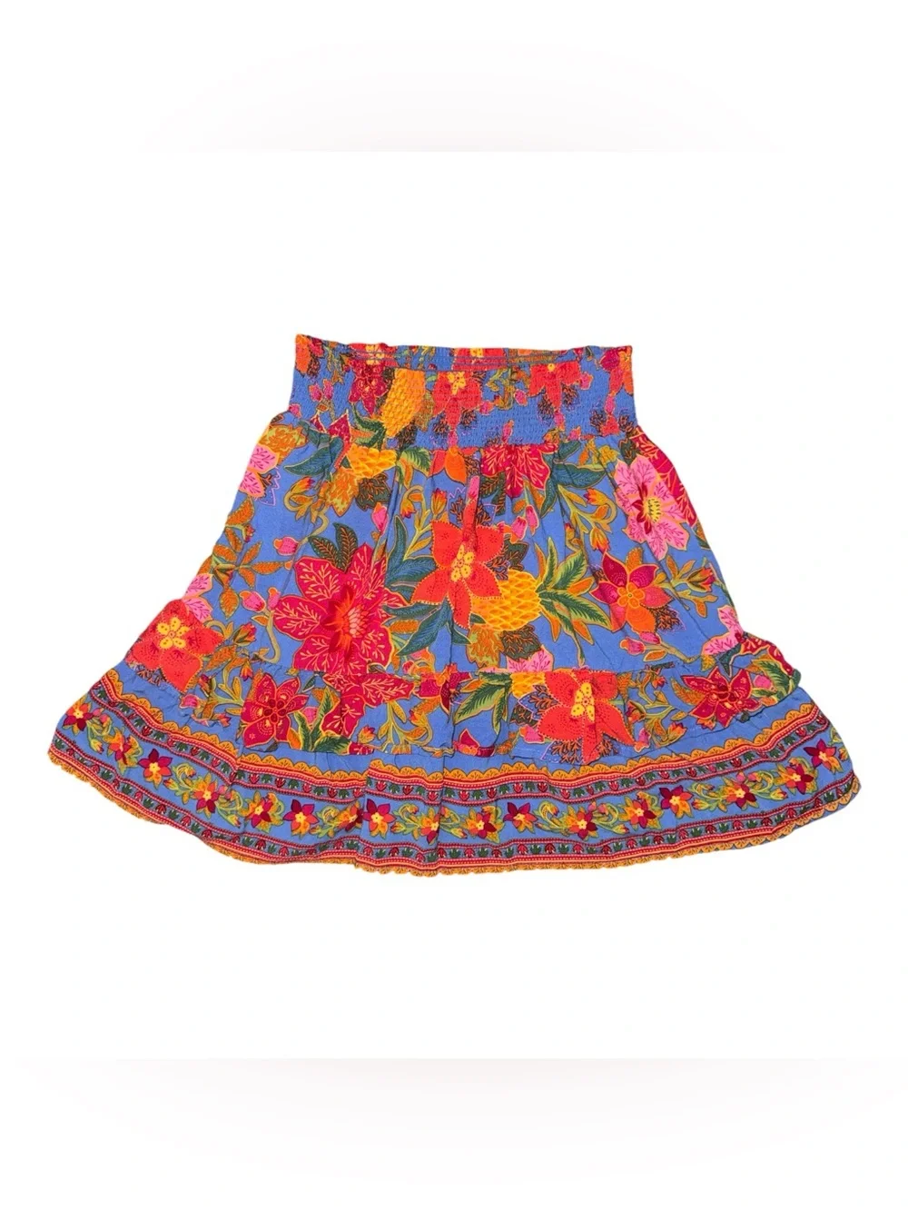 Cynthia Rowley Vibrant Tropical Floral Blue Smocked Waist Skirt Resort-wear SML
